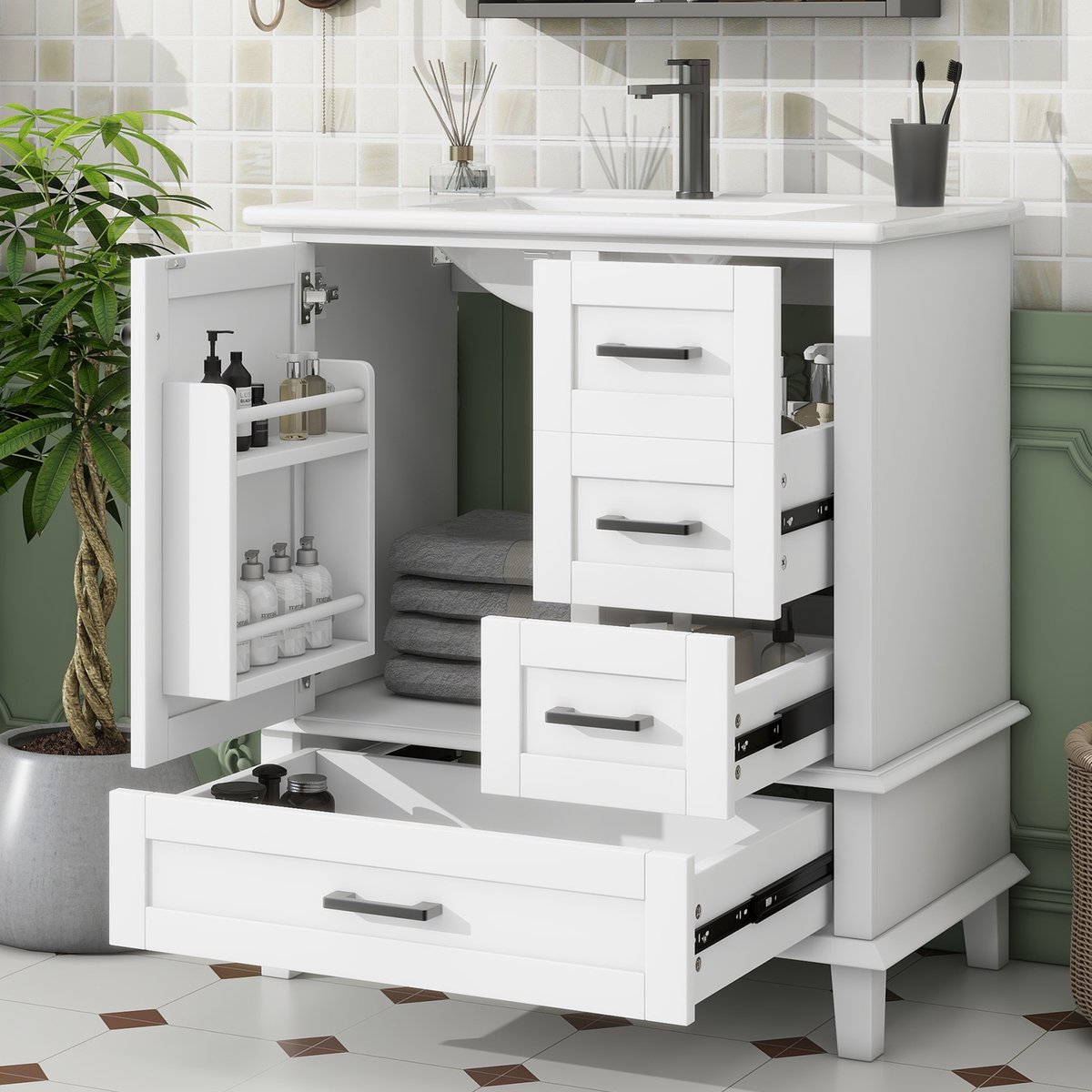 Badkamermeubel met wastafel - Vrijstaand voor badkamer - 76x46x83,5 cm - Wit - 3 stille lades en deurvak - Vochtbestendig gelakt - Keramisch bekken met overloop