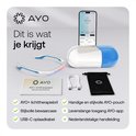 AYO+ lichttherapiebril, oplader, oplaadkabel, tasje, handleiding en telefoon met app. Tekst: Dit is wat je krijgt.