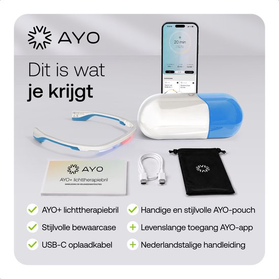 AYO+ lichttherapiebril, oplader, oplaadkabel, tasje, handleiding en telefoon met app. Tekst: Dit is wat je krijgt.