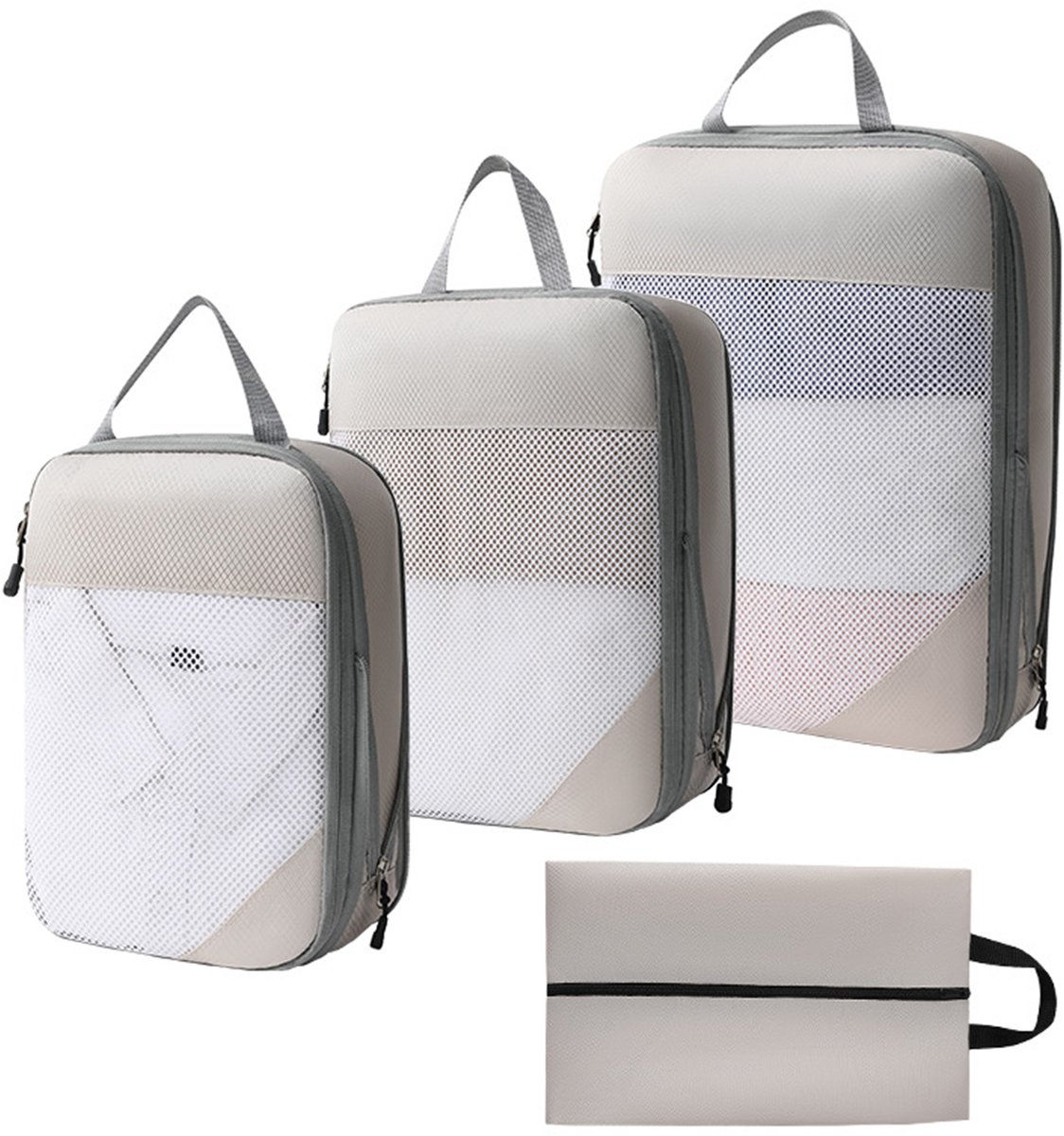 OKWISH Bagage Organizerset – Compressie Met Dubbele Rits– Reis En Kofferindeling – 38 x 27 x 3 cm – Beige