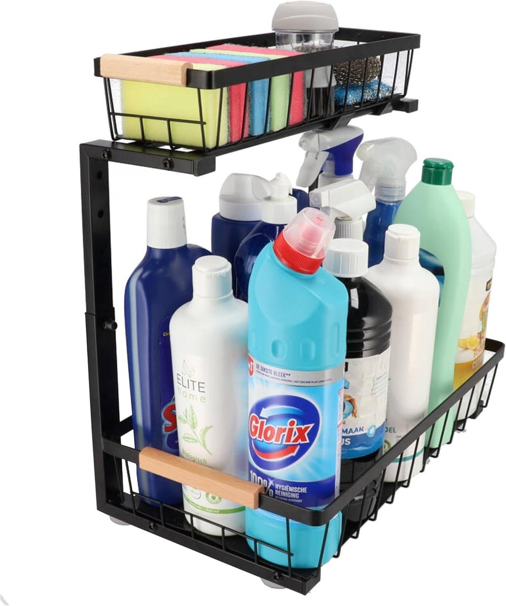 Opbergsysteem keukenkastjes - Zwart - Maat M - Verstelbaar 2-laags Metalen Gootsteenkast Organizer - Voor Keuken en Badkamer
