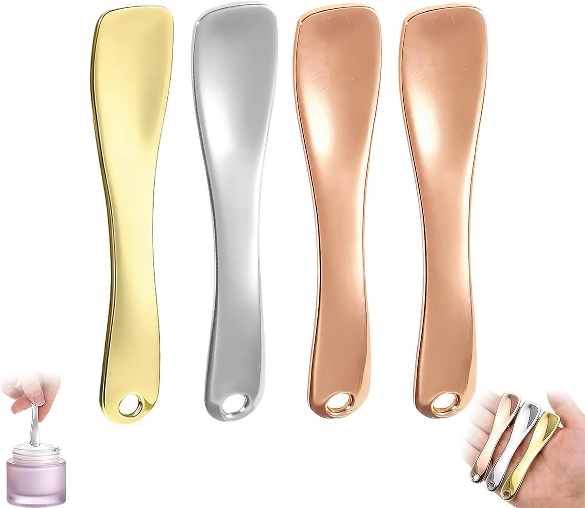 Set van 4 Mini Metalen Make-up Spatels - Herbruikbare Cosmetische Lepels voor Gezichtsmaskers, Crèmes en Hydratatieproducten - Perfect voor Dagelijks Gebruik in Zilver, Goud en Roségoud