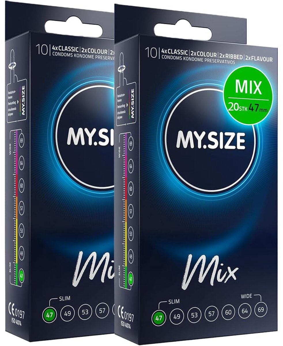 MY.SIZE Mix condooms 47mm 20 stuks – Smalle pasvorm | Variaties: blauw, rood aardbeismaak, geribbeld, natuurlijk | Premium condooms | Duits merk | Dikte 0,07mm