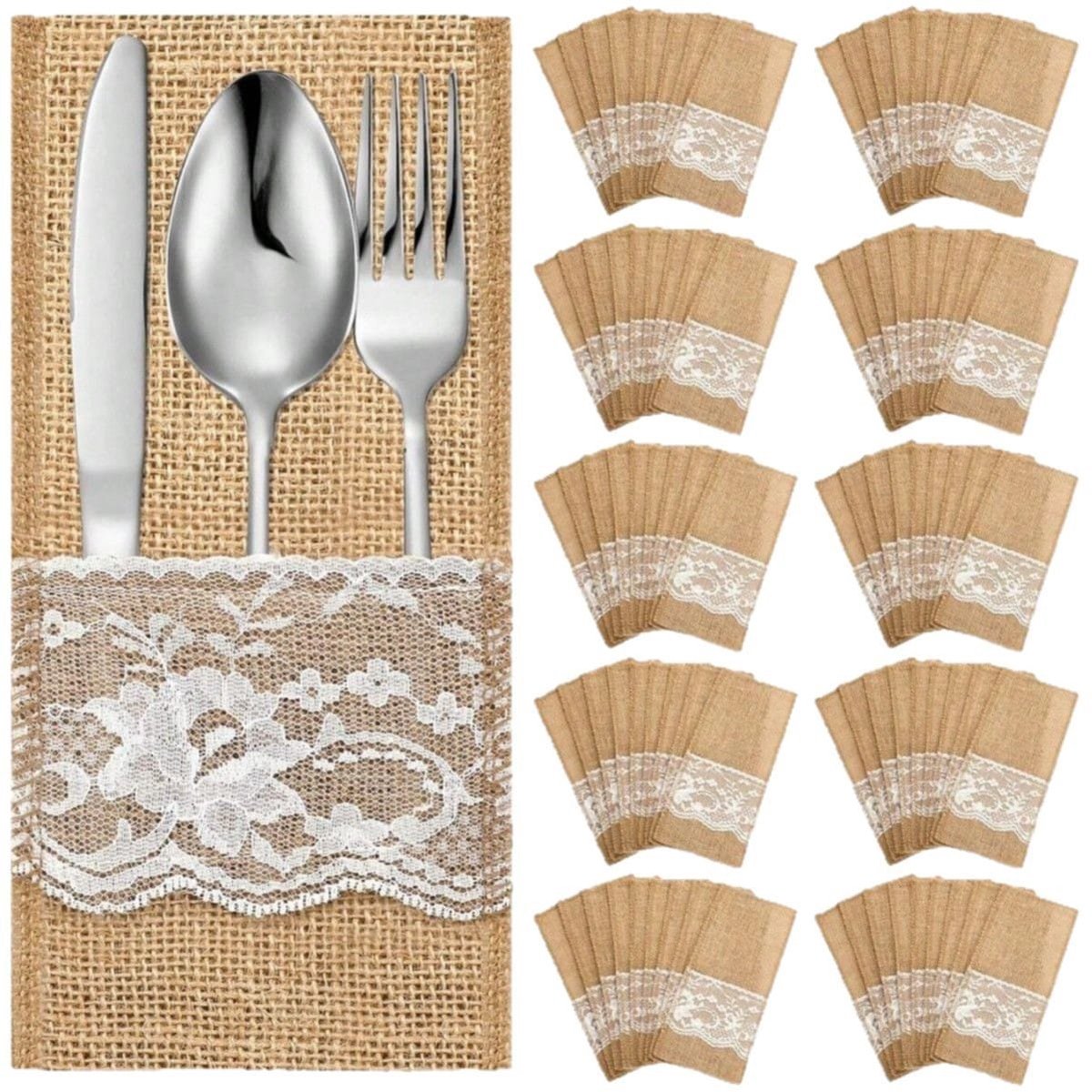 50 Stuks jute bestekzakken -Bestekrek - Bestekhouder - Jute Kant – Bestekset - Herbruikbare Tafeldecoratie voor Feest, Bruiloft, Verjaardag, Kerst - LOUZIR