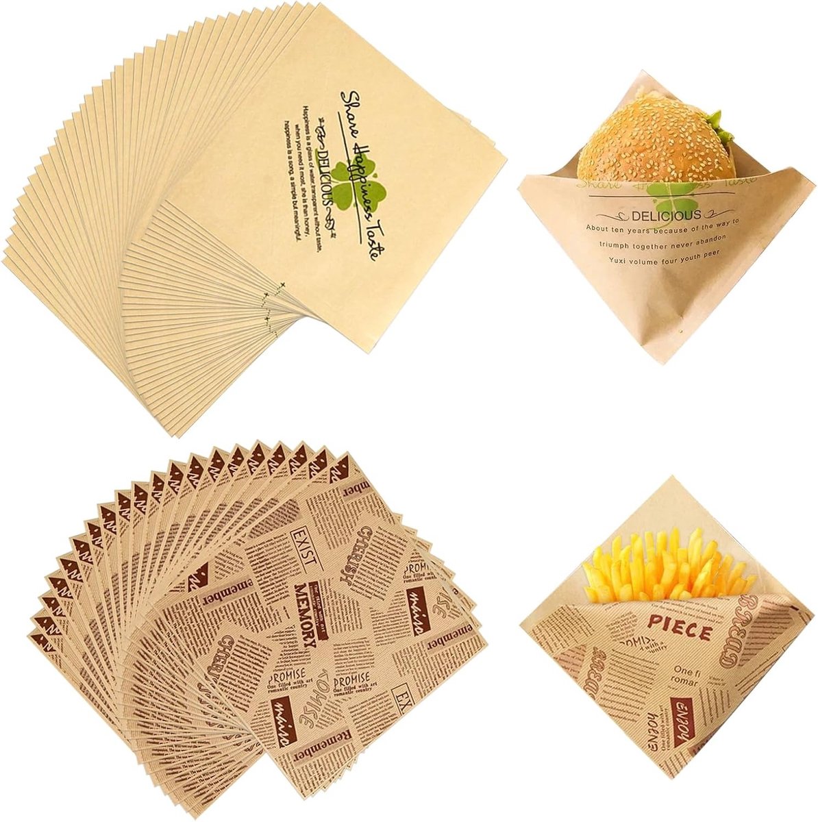 200 Stuks Grease-Proof Papieren Tassen voor Burgers en Snacks, 15x15cm, Ideaal voor Frietjes en Sandwiches
