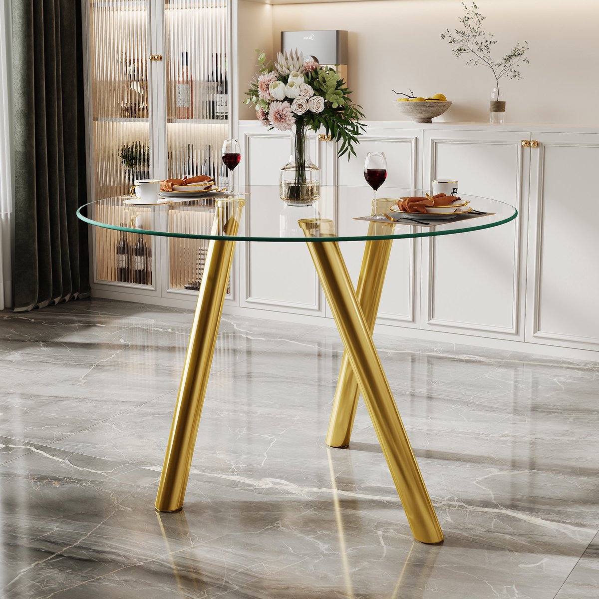 FloraGrace Ronde Eettafel - Gehard Glas Met Gouden Metalen Poten - Modern Design Voor Eetkamer En Woonruimte - 89 Cm - Goud