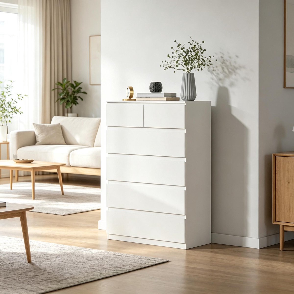 FloraGrace Ladekast - Minimalistisch Design Met 6 Greeploze Laden - Voor Woonkamer En Slaapkamer - Spaanplaat - 80x39x115 Cm - Wit