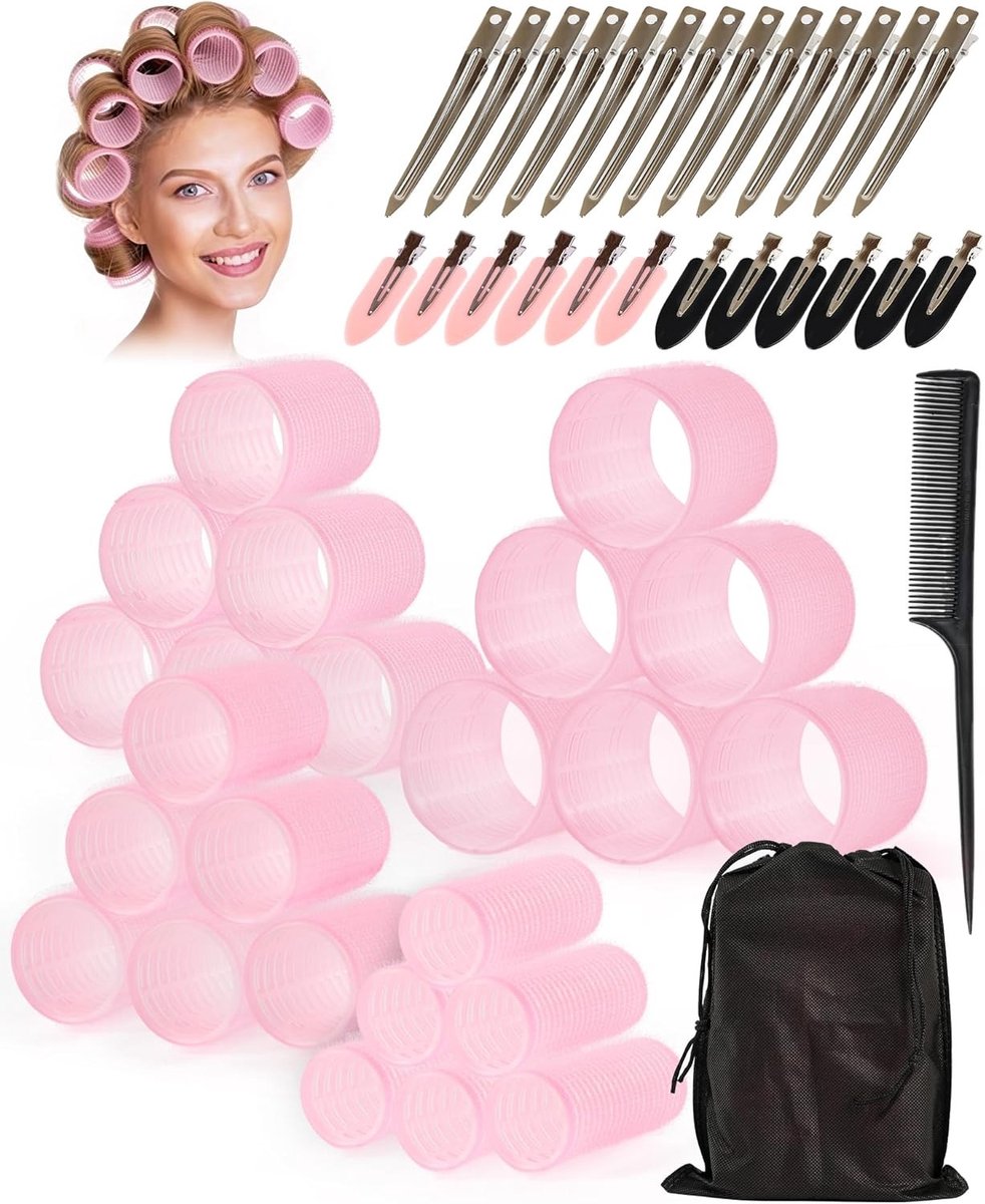 Grote Haarrollers met Clips in 4 Maten voor Krullen zonder Hitte, Inclusief Puntkam en Opbergtas voor Thuis en Reizen