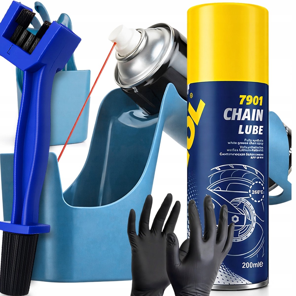 MANNOL Kettingonderhoud Set: Smeermiddel, Reiniger, Borstel & Handschoenen