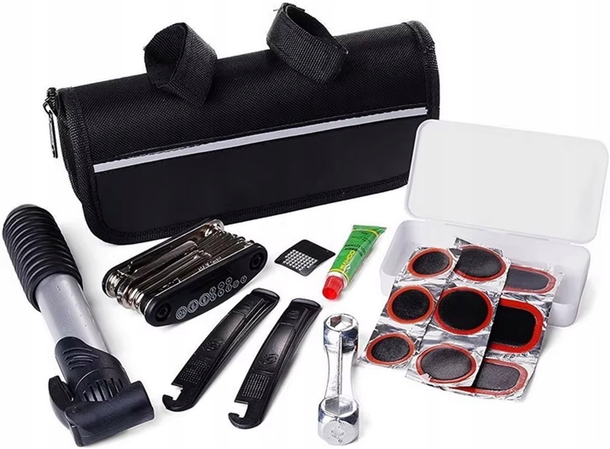 Fietsreparatieset: multitool, pracht, bandverlichting & bandplakkers
