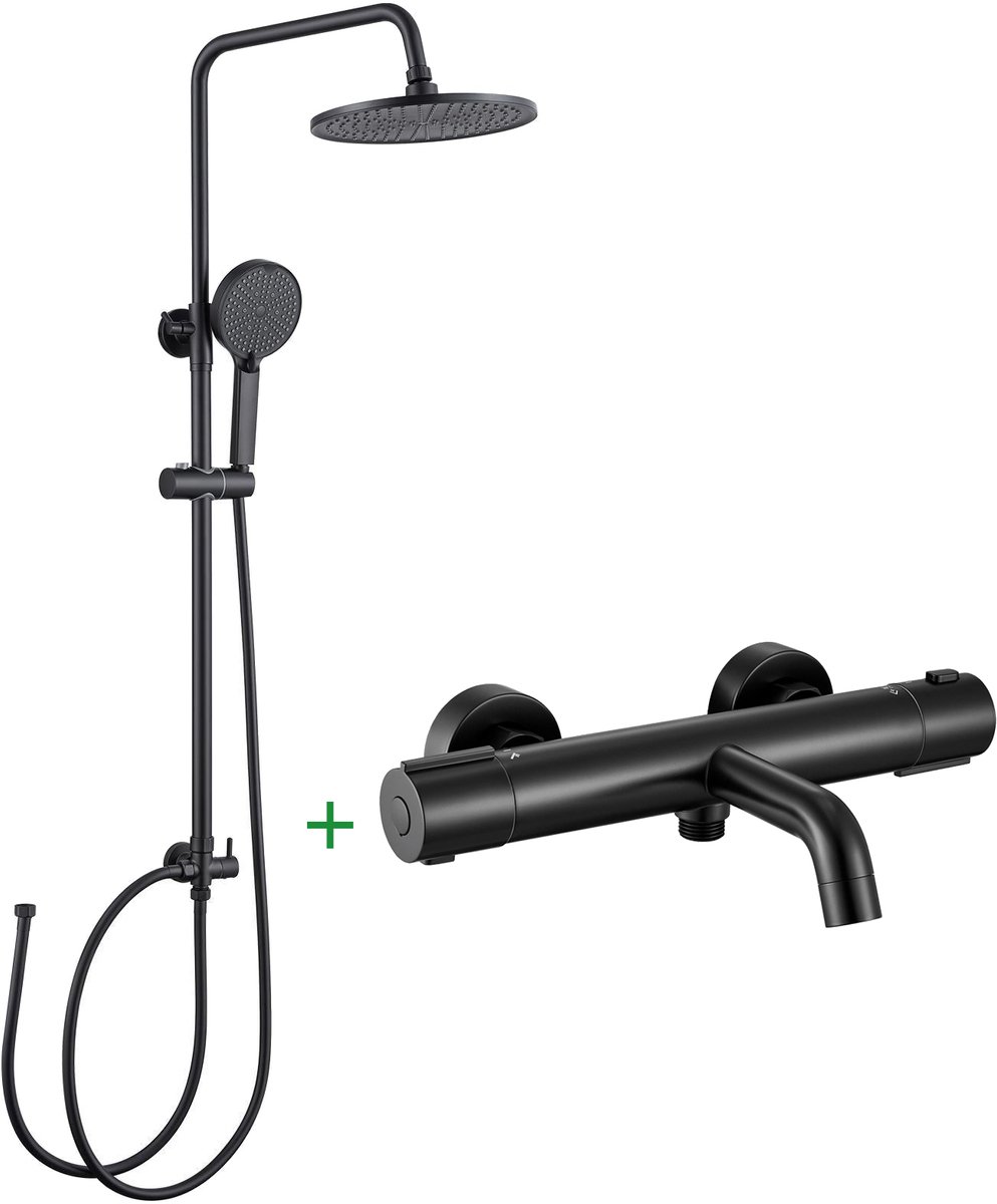Auralum Max Regendouche Met Thermostaatkraan - Doucheset Zwart - Inclusief Thermostatische Badkraan - Regendoucheset -10 inch Douchekop - 4 standen Handdouche - Hoogte Verstelbaar - Waterbesparend - Wandmontage - Zwart