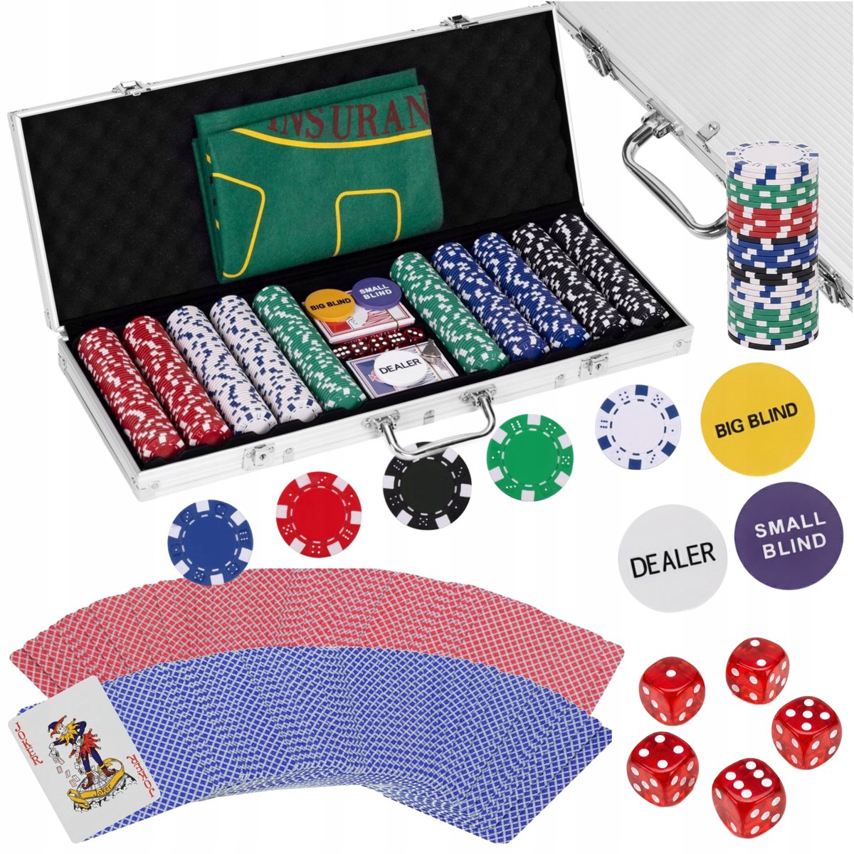 Poker Set 500 Chips, Kaarten, Dobbelstenen, Mat & Koffer