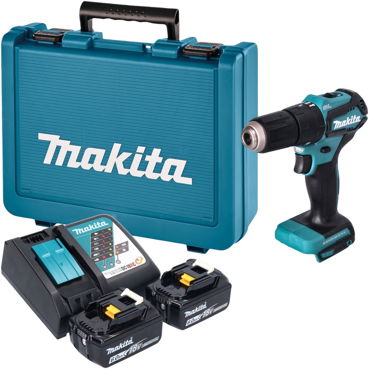 Makita DHP 483 RGE accu-slagboormachine 18 V 40 Nm borstelloos + 2x accu 6,0 Ah + oplader + koffer