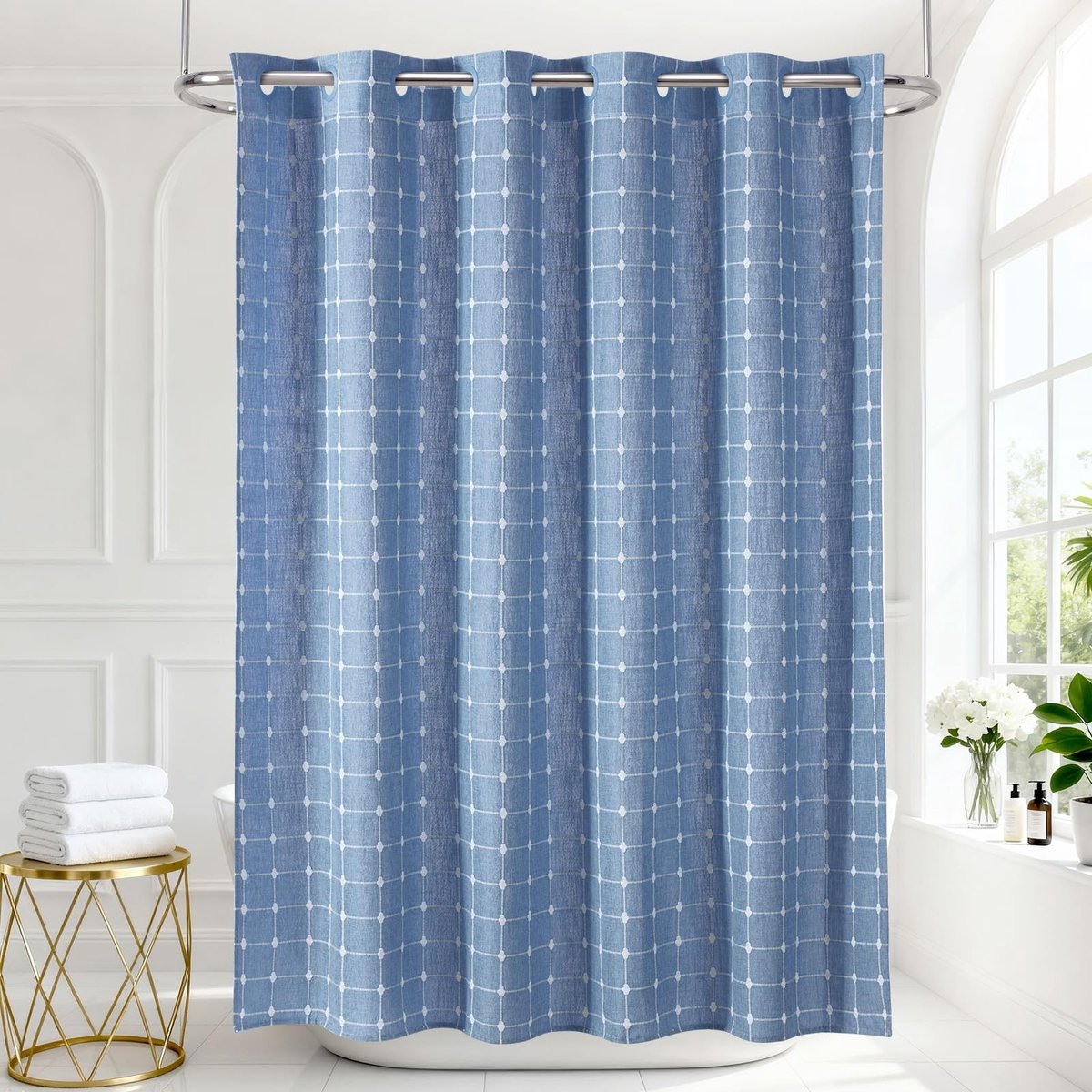 Haakloze Douchegordijn Geruit Polyester Linnen Waterdicht Landelijke Stijl 182x190 cm