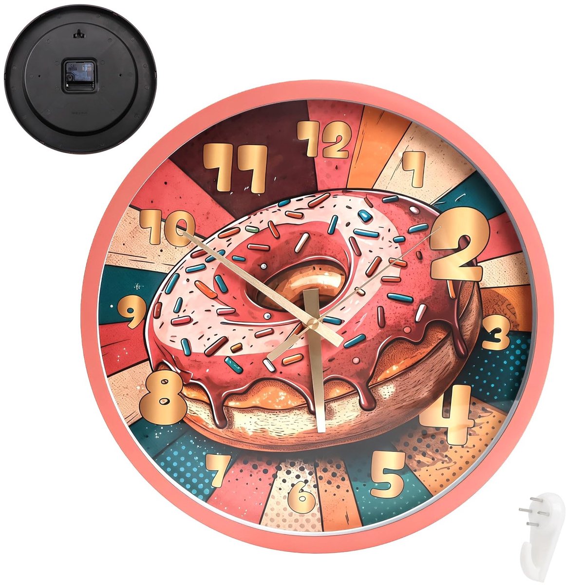 Elzusha - Donut Wandklok - Stil Uurwerk - Roze Retro Design - 30,5 cm