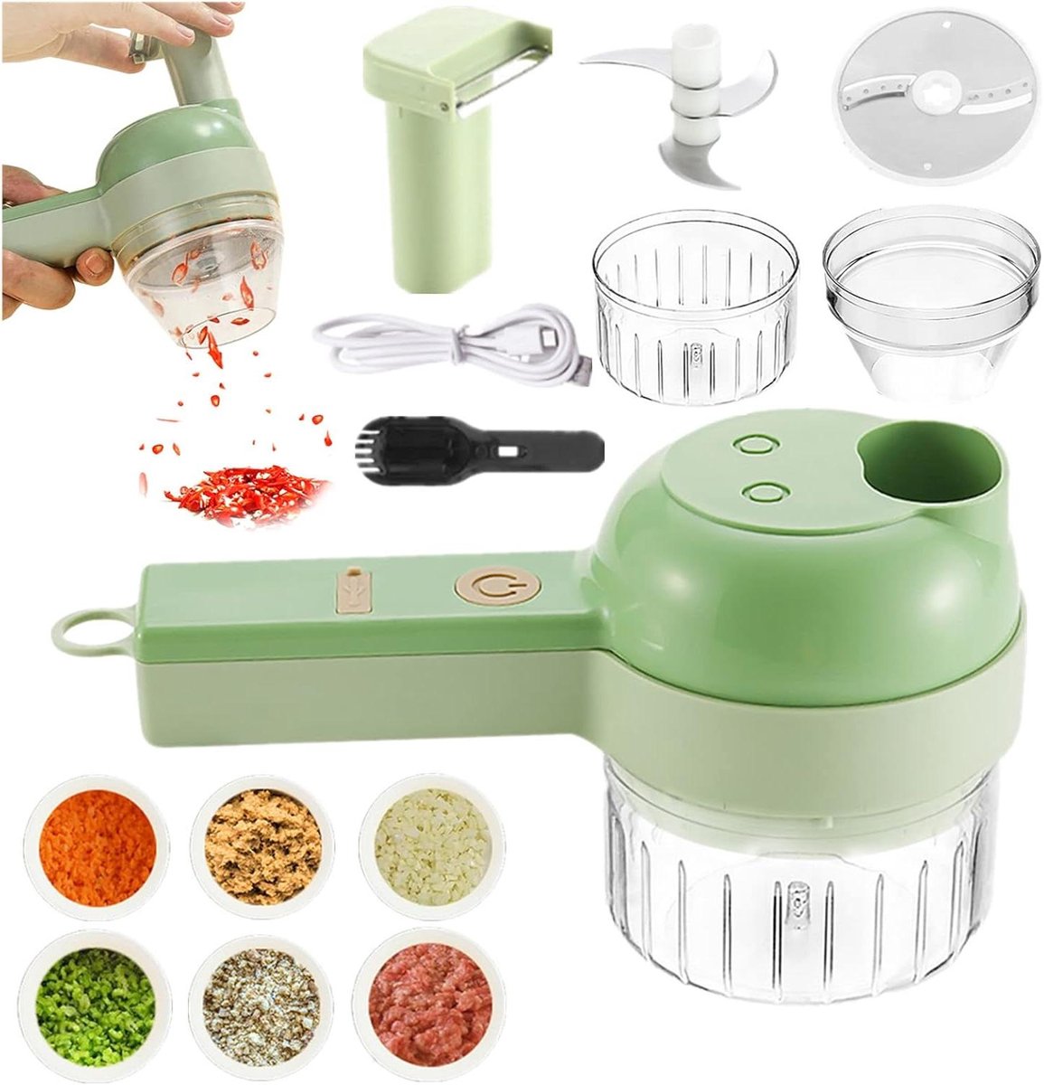 Elektrische Groentesnijder - Keukenmachine Hakker - Snel Ingrediënten Bereiden - 4-in-1 Multifunctioneel - 8 x 20.5 x 9.5 cm - Groen