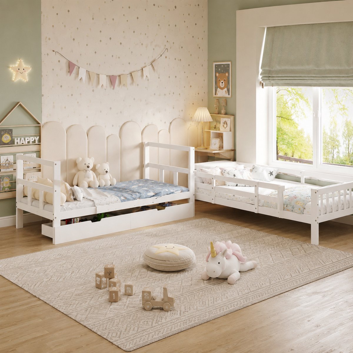 Tweepersoonsbed 90x200 cm verwijderbaar, Kinderstapelbed met trap en 2 opberglades, Mezzaninebed met lattenbodem, massief hout, matras niet inbegrepen, Wit