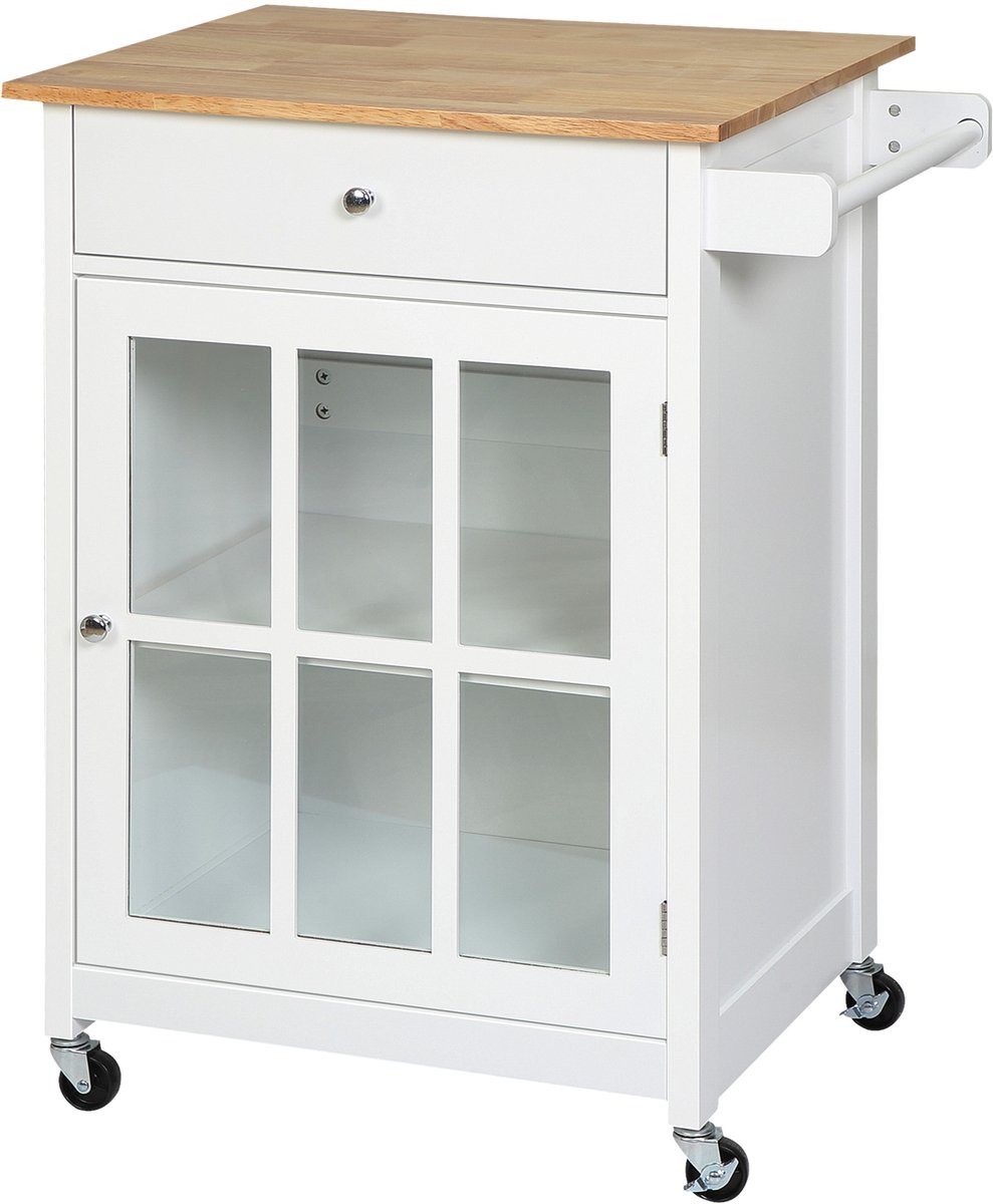 Keukenwagen, keukenkast met wielen en werkblad, kast met glazen deuren, voorzien van verstelbare legplanken, lades en een handdoekenrek, mobiele keukenkast, keukeneilandwagen, wit, afwerking in licht eiken, 64 x 48 x 86,5 cm
