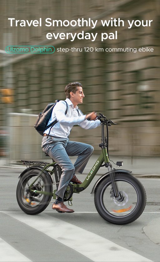 ULZOMO Dolphin Vouwbare Elektrische Fiets 20 inch, Voorvering 250W 25km/h, 36V 18.2Ah Accu, Mechanische schijfremmen, Stadsfiets voor woon‑werkverkeer, E-bike, Groen — afbeelding 3