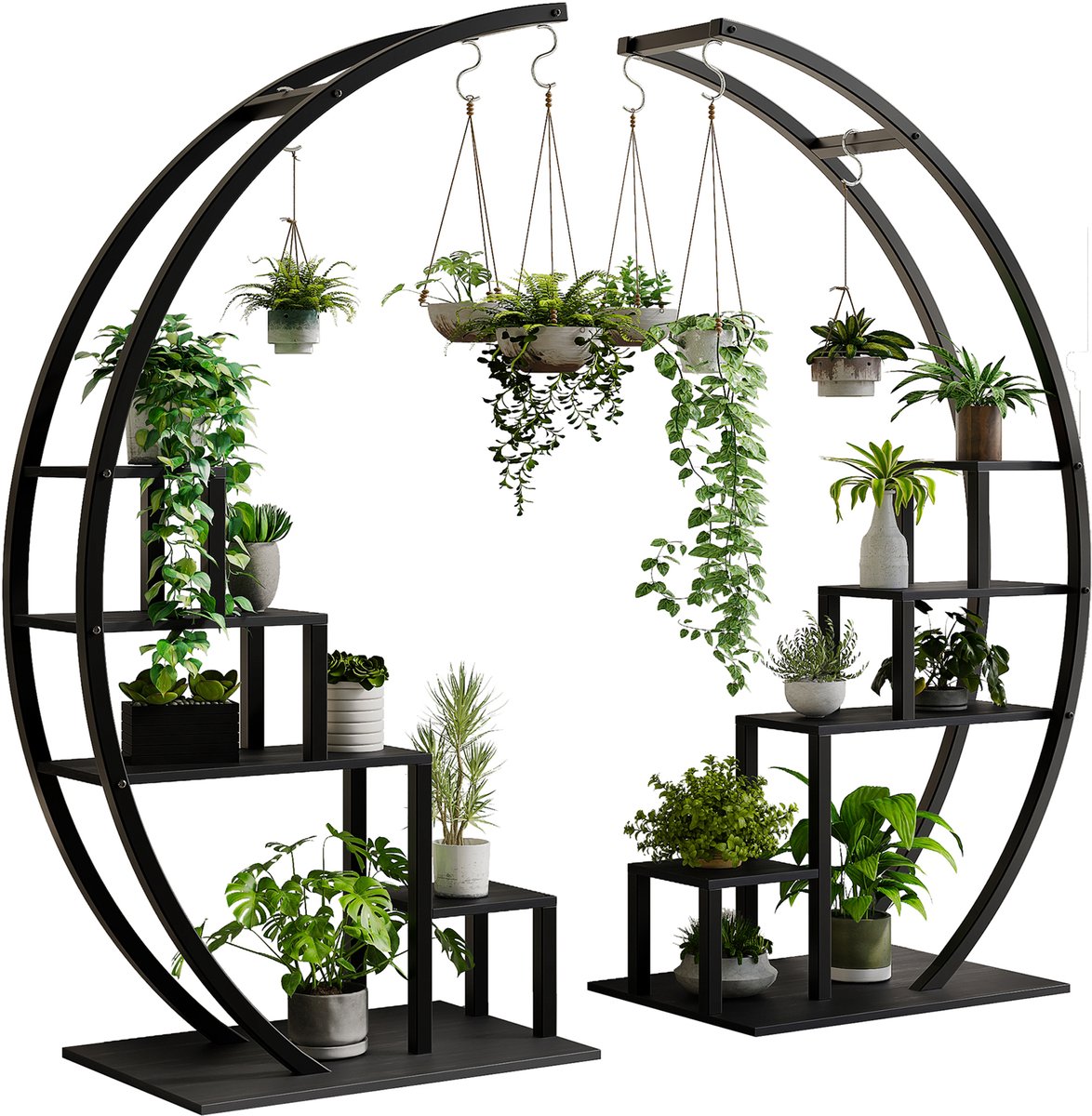5 Lagen Halfmaan Hoek Plantenrek Set 2 Stuks - Met Ophanghaken, Waterbestendig MDF Bloemenstandaard - 60x40x142cm