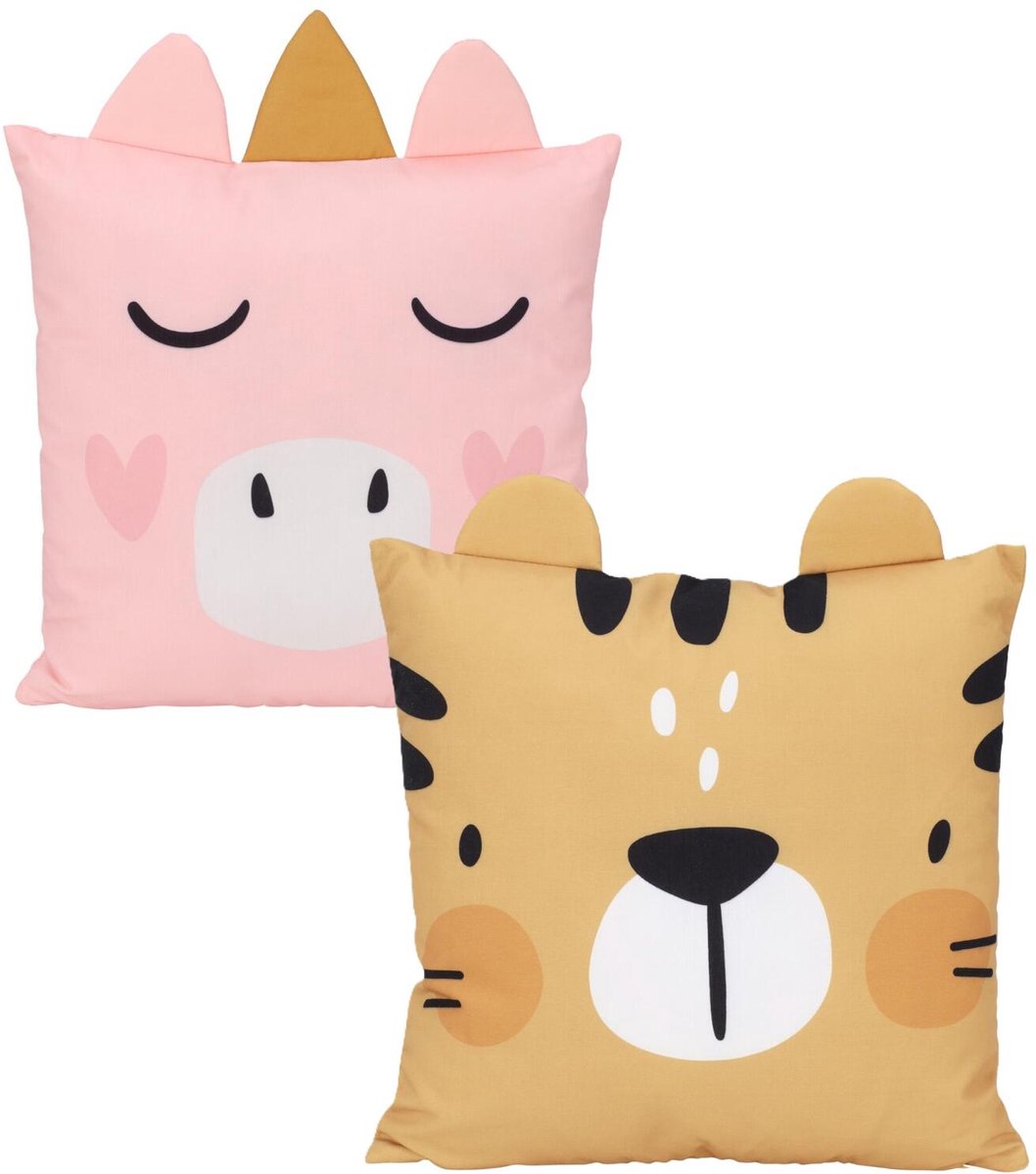 Home & Styling Dieren sierkussen set - 2x - kinderkamer - Tijger en eenhoorn - 40 x 40 cm - polyester