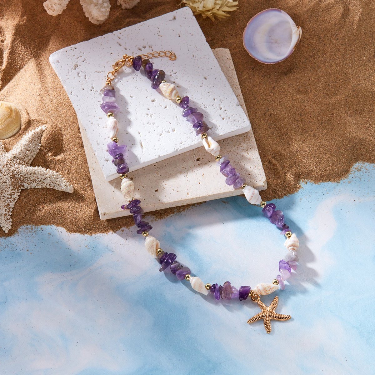 Ketting van 40+5cm – Ketting met zeester en schelp (imitatie) – Ketting van trommelsteentjes in strandstijl – Kralenketting met oceaanthema – Kralenketting voor dames – Feestelijke kralenketting in strandstijl – Geschikt voor dagelijks gebruik