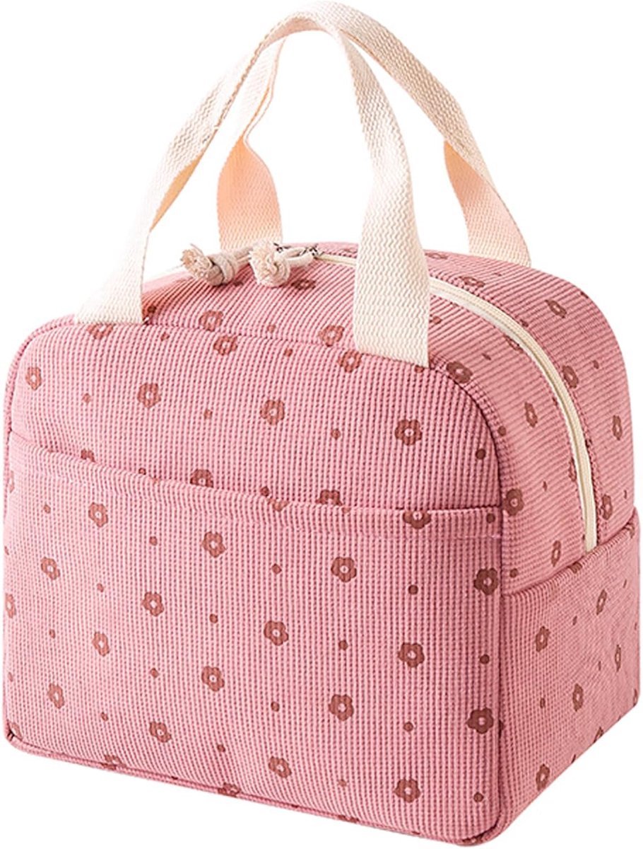 Bloemenkleur corduroy lunchtas - Thermotas voor studenten en kantoormedewerkers - Roze bloemetjes