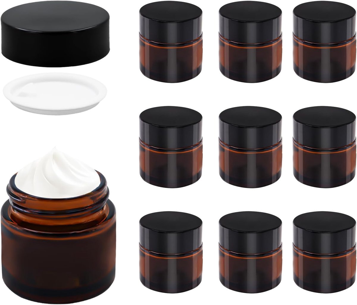 SnelShoppen - Set van 10 Amber Glazen Potjes, 10ml Crème Pot voor Cosmetica, Bruine Glazen Container met Deksel en Liner voor Crèmes, Lotions en Olie
