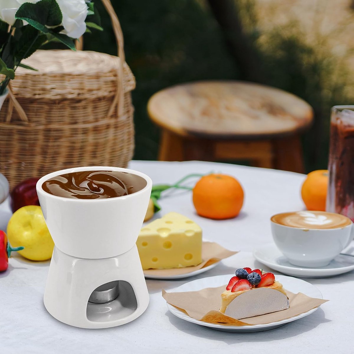 Fondue Set - Kaasfondue Chocoladefondue - Desserts Maken - Inclusief 4 Bakjes 4 Vorkjes - 300 ml - Wit – foto 3