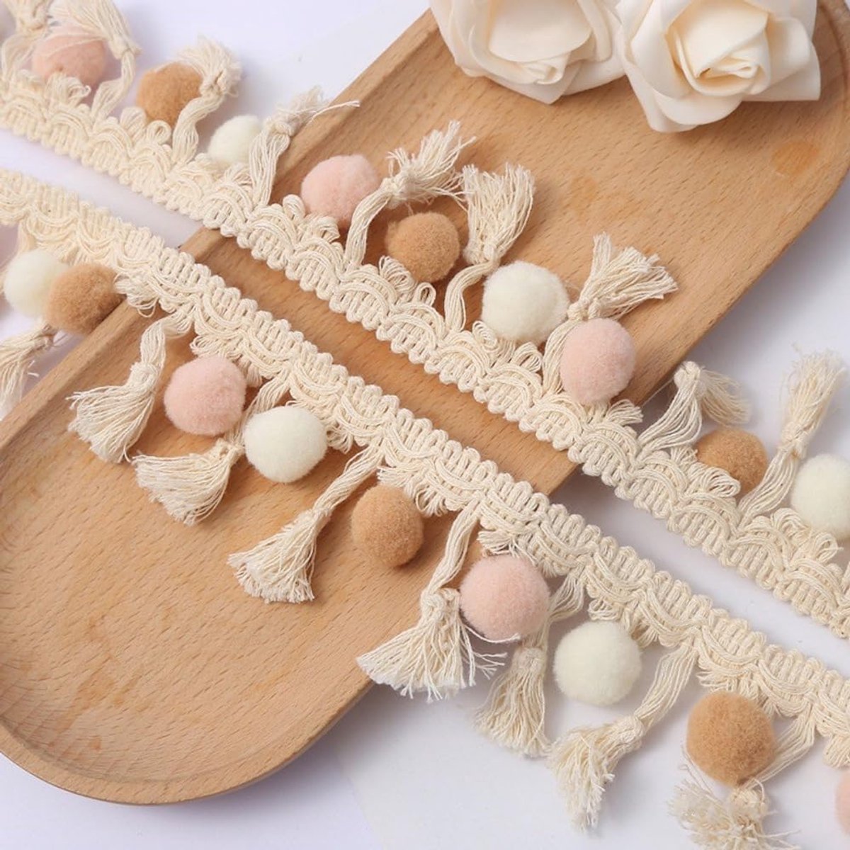 2 yards Kleurrijke pomponboord om te knutselen, decoratielint met pomponboord, pomponband, franjeboord, franjeband, sierband, decoratieve rand, pomponboord om te naaien, wit, kaki, roze