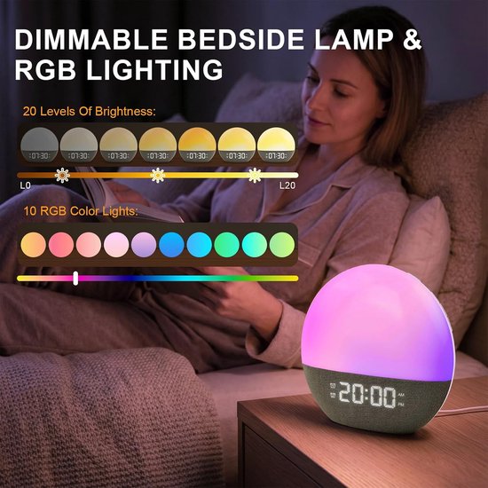 Wekker met Zonsopgang - Wake-up light Nachtlamp - Rustig Wakker Worden - 24 Natuurlijke Geluiden - 17x16 cm - Meerkleurig — afbeelding 5