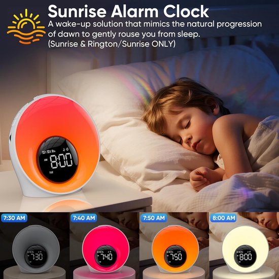 Sunrise Alarm Clock - Wake Up Light - Natuurlijk Wakker Worden - 30 Ontspanning Geluiden - 14 Kleuren - Wit — afbeelding 5