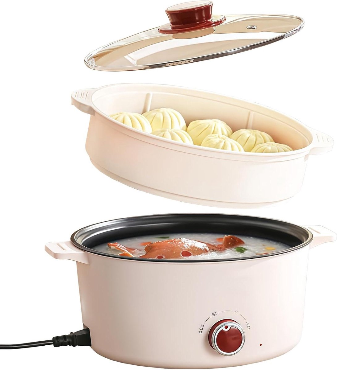 Elektrische Hot Pot - Multicooker Pan - Koken en Stomen - Antiaanbaklaag - 4.6 Liter - Wit-Rood