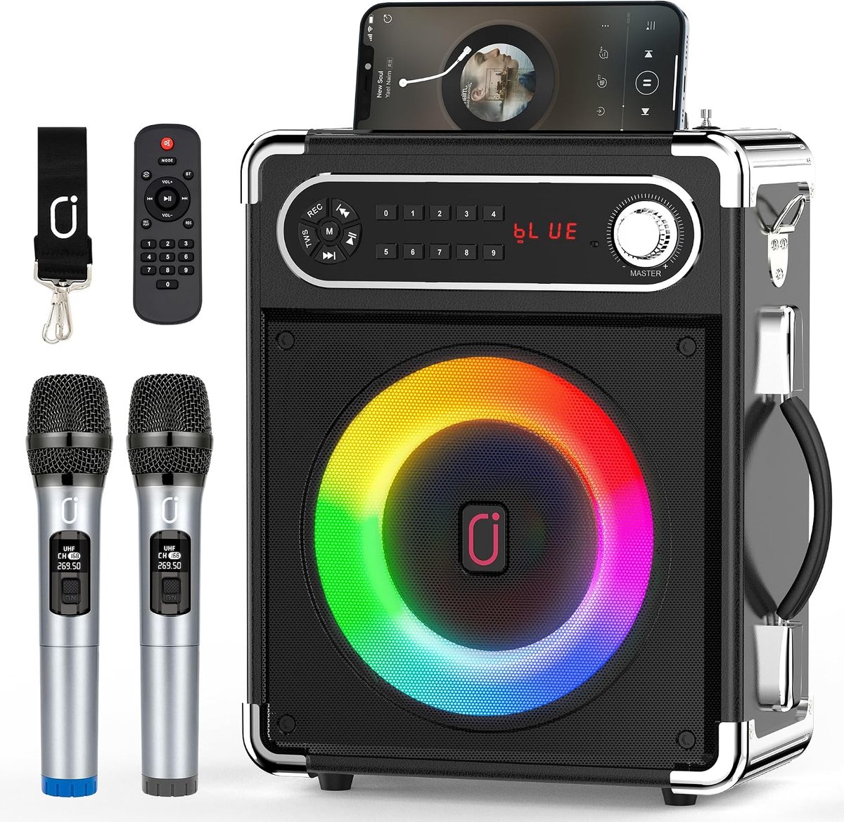 Karaoke machine - Bluetooth Speaker met 2 Draadloze Microfoons - LED-Verlichting - TWS - USB, TF, AUX & FM Radio