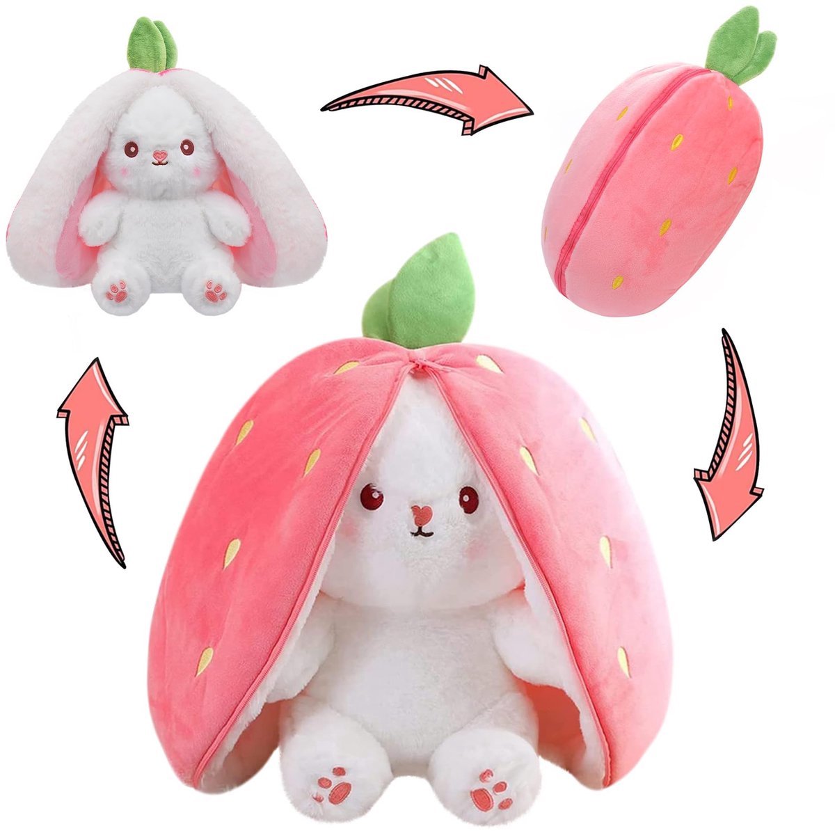 Casalora Pluche Knuffel Konijn - Reversible Knuffelkonijn - Aardbei - Met Rits - Pluche - Speelgoed - 35 cm