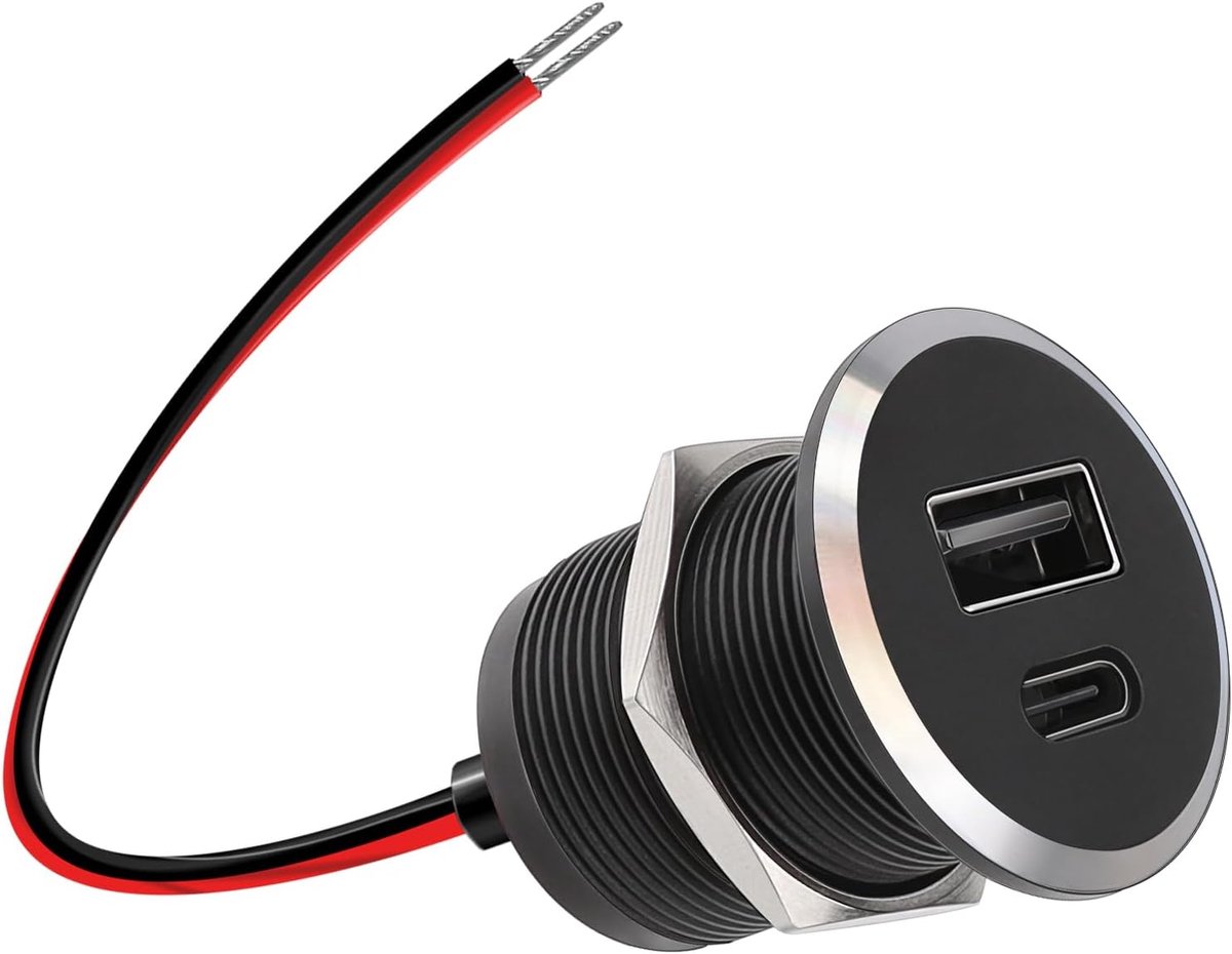 12V USB C Oplader Camper Socket 24W Volledig Aluminium QC 3.0 USB-A & Type-C PD3.0 Dubbele Snellader Inbouw voor Marinier Boot Truck Caravan (Klein 1)