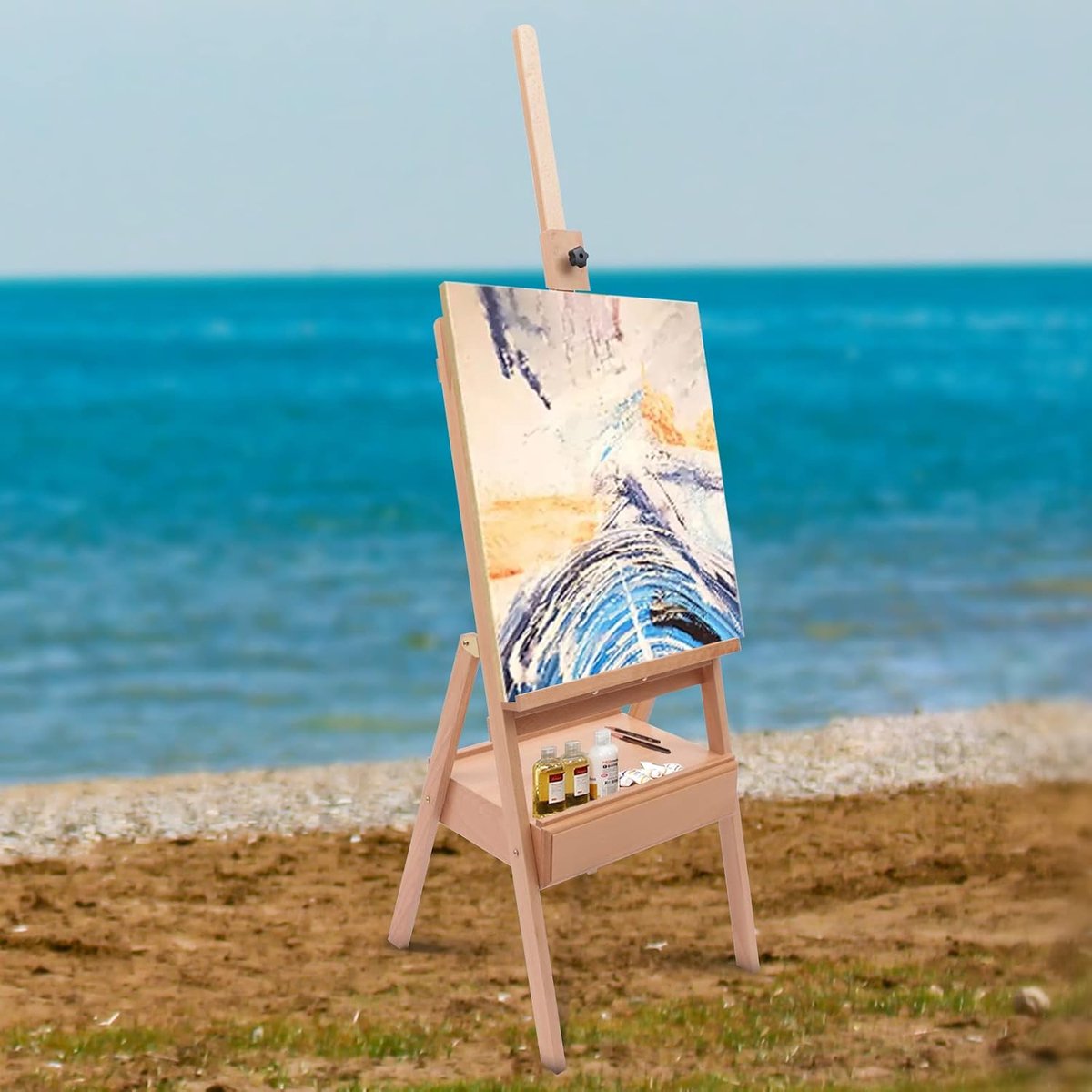 staande ezel, houten ezel, beukenhout, schildersezel, groot, hout, verstelbaar, met lade voor het plaatsen van fotolijsten tot 80 cm, voor beginners, professionals enz