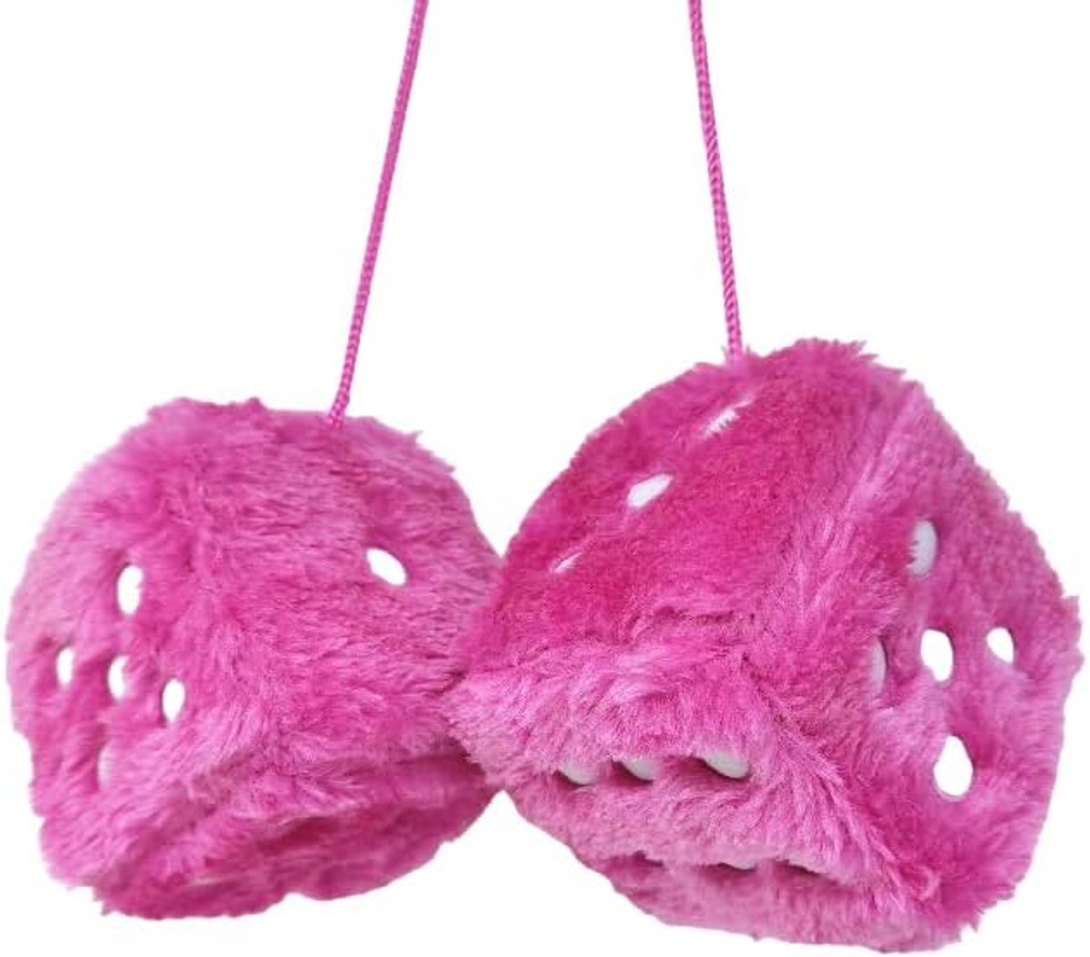 2STKS Autospiegel Hangende Pluizige Dobbelstenen, 7,5 * 7,5 CM Pluizige Dobbelstenen Hangend voor Auto-interieurdecoratie, Auto-accessoires Achteruitkijkspiegelhangers (Roze en Rood)