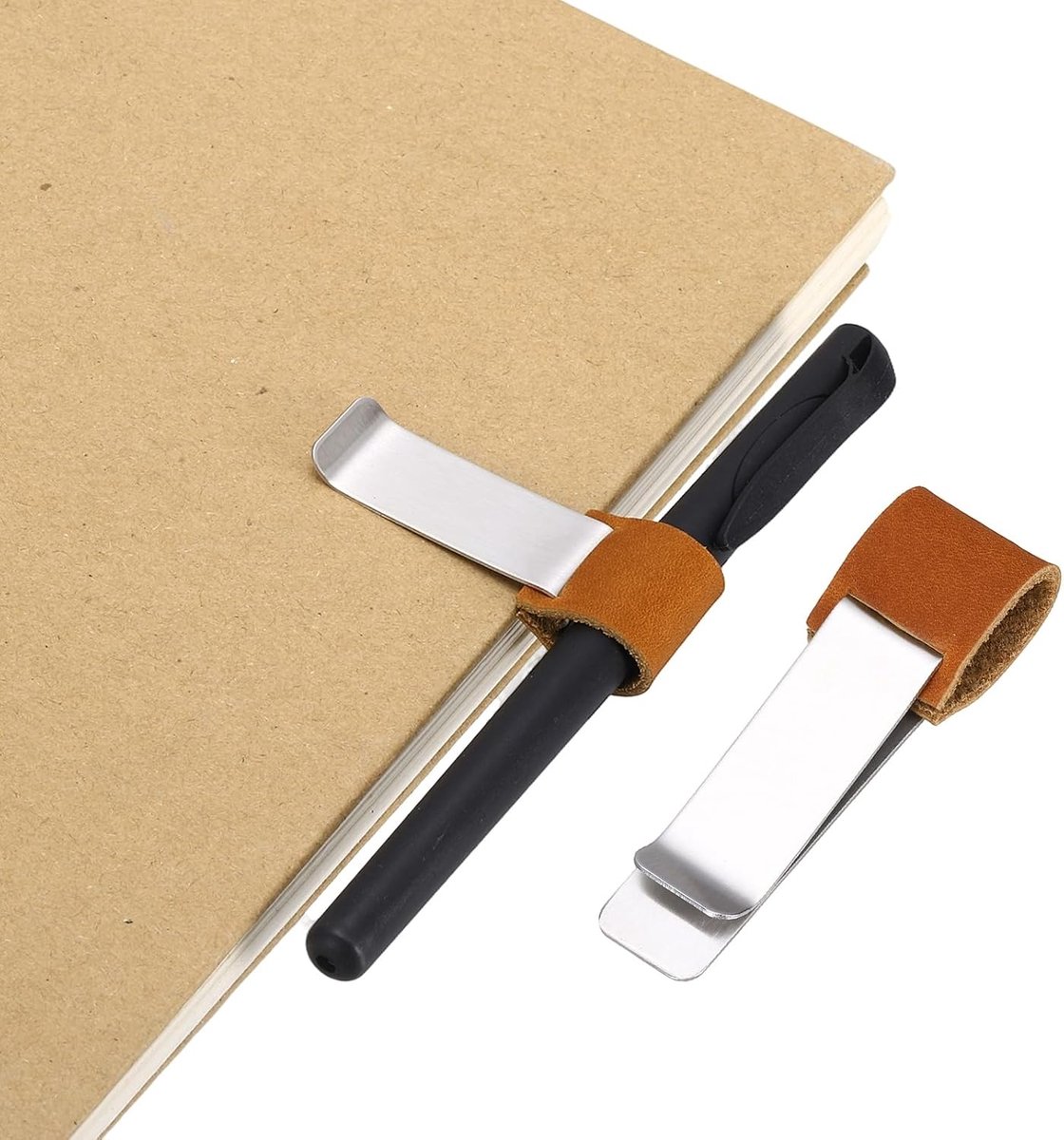 Pen Loop voor Notebook, Messing Retro Lederen Potlood Houder Pen Clip voor Notebook Klemborden Pocket Office Reiziger Tijdschriften Planner, Donkeroranje/Zilver