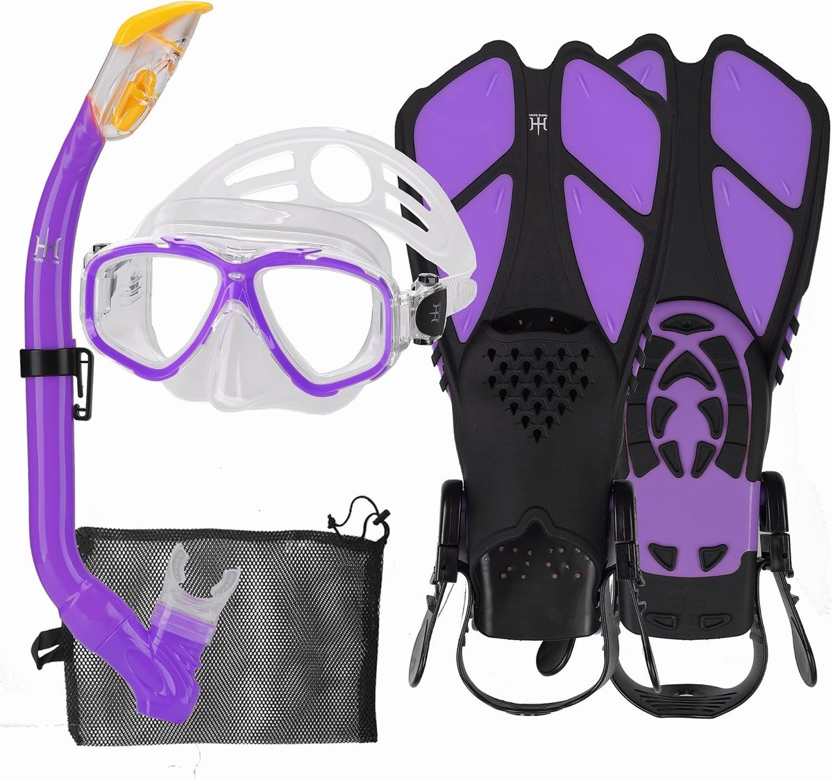 Snorkelset voor kinderen met zwemvliezen, 180° panorama duikbril met brede zicht, verstelbare zwemvliezen, hoogwaardig duikmasker en Dry Top snorkel