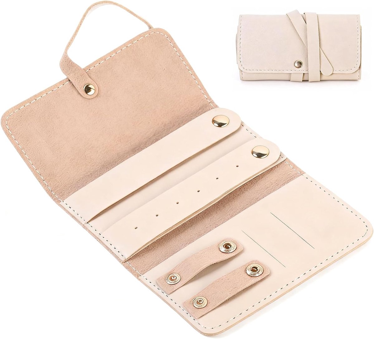 reis-sieradentas, oprolbare sieradenrol met vakken, opvouwbare reis-sieradenorganizer, klein sieradentasje, compact, voor oorbellen, halskettingen, ringen, abrikoos