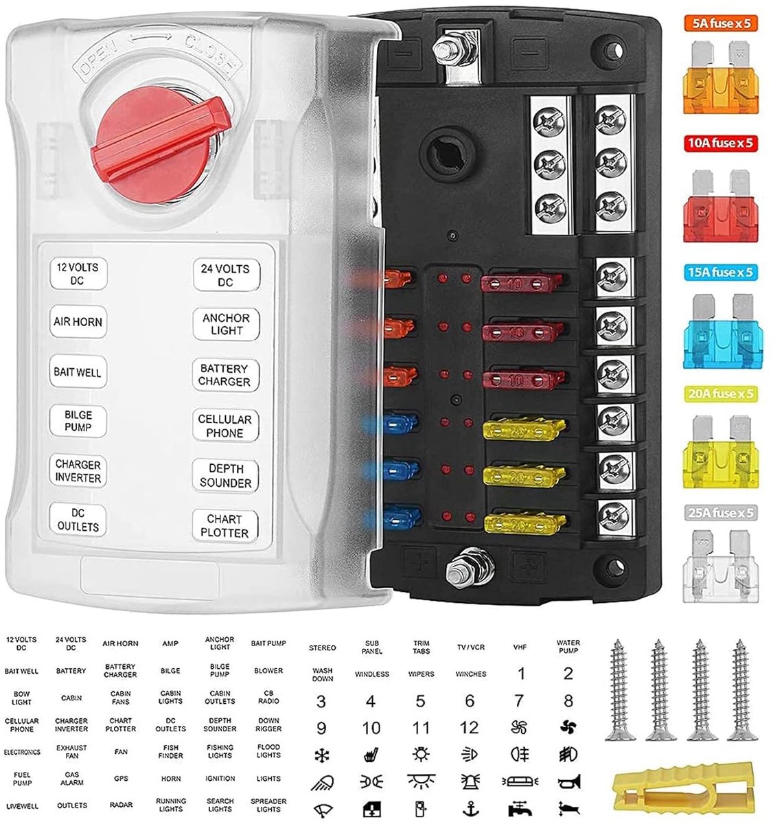Platte zekeringen ATO/ATC 12-voudige verlichting plastic behuizing M5 schroef met 5-25 A zekering 32 V 100 A max voor auto boot camper