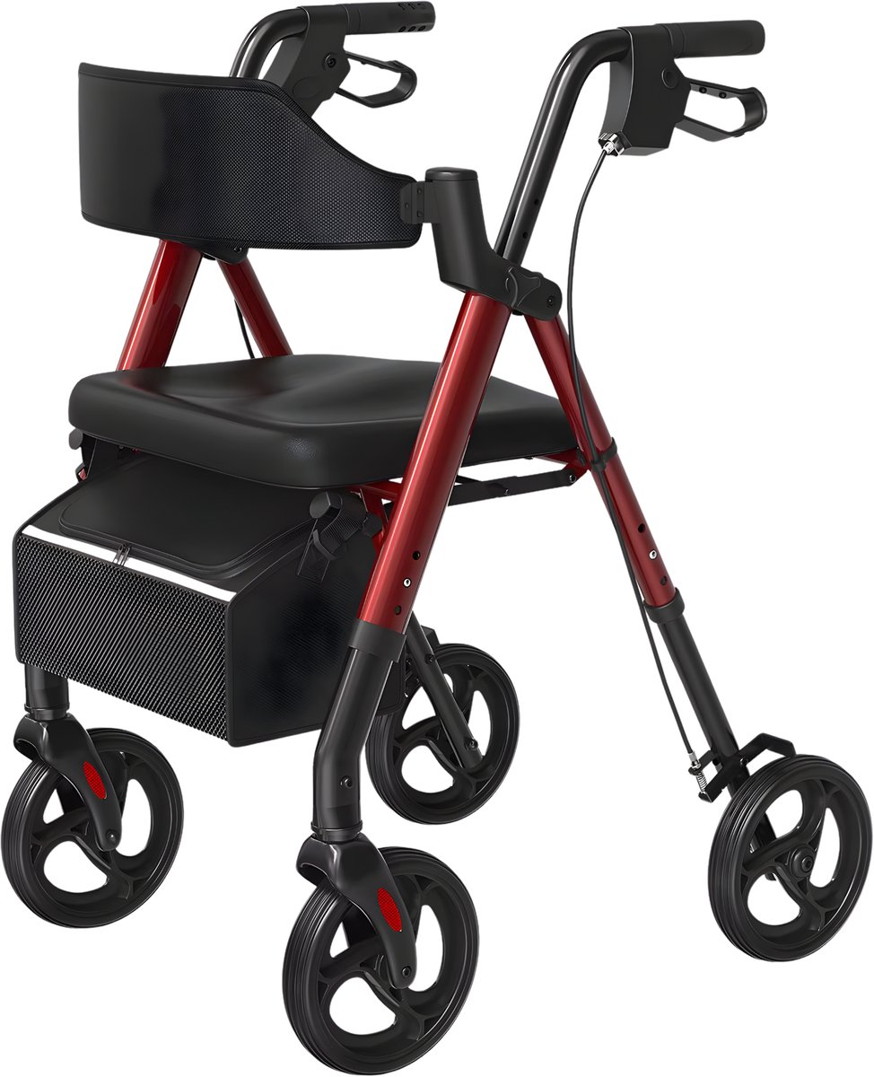 Rollator – Voor senioren – Opvouwbare rollator met stoel, duurzaam aluminium – Grote wielen 20 cm, geschikt voor iedereen, rood