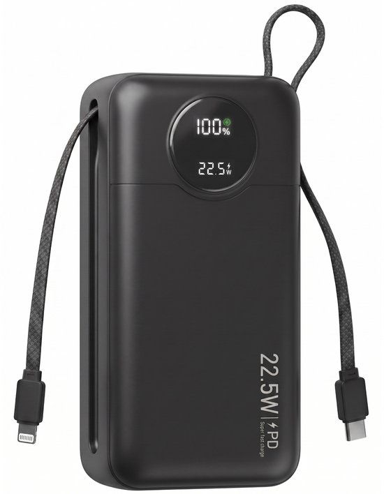 Zwarte Nuvance powerbank met lus, LED display, 22.5W PD snelladen en geïntegreerde USB-C en 8-pin kabels.