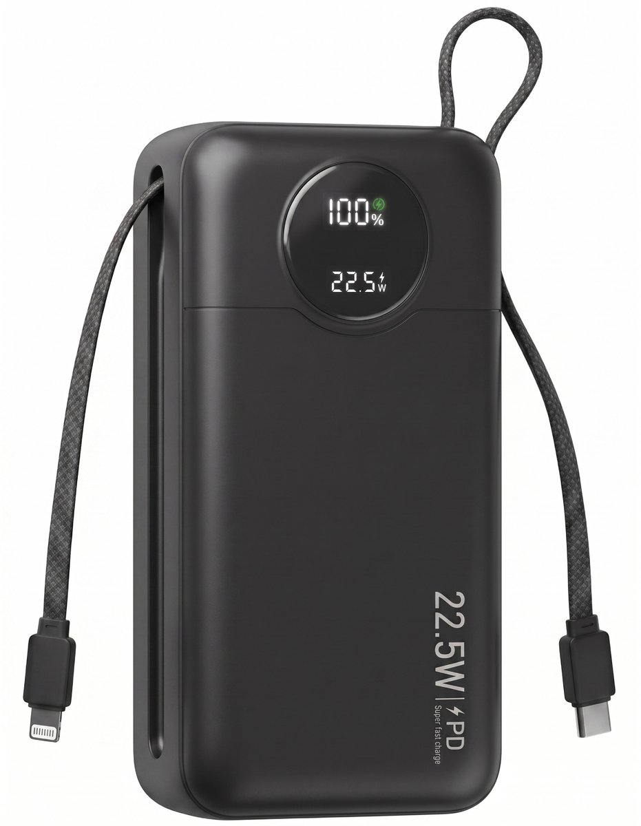 Nuvance Powerbank 30000 mAh - 22.5W Snellader Usb-C & 8-Pin - Noodpakket - 2 Poorten - 2 Geïntegreerde Kabels - Power Bank