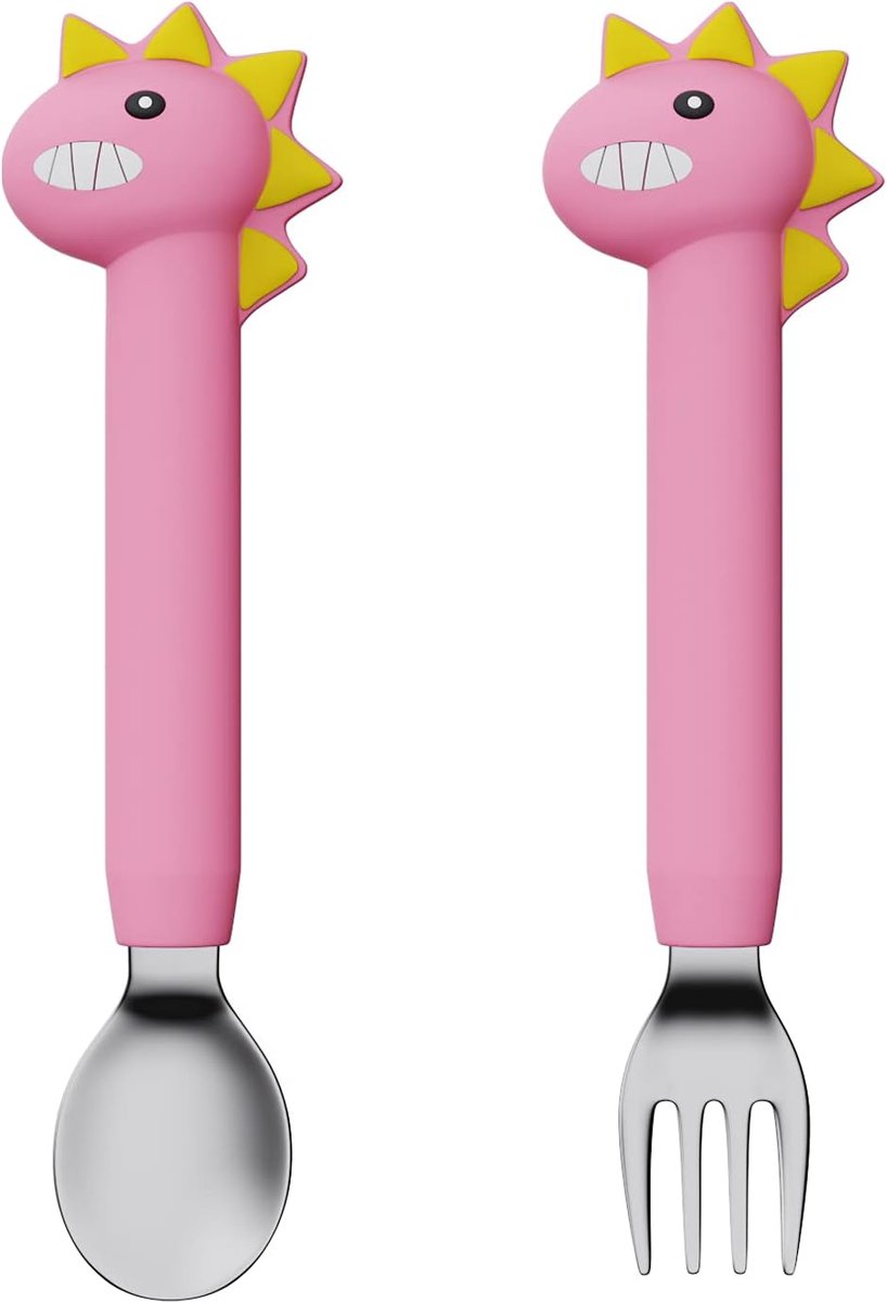 Babyvork 2 stuks - lange roze dinosaurus - roestvrij staal - stimuleert eetlust - ShopVlot