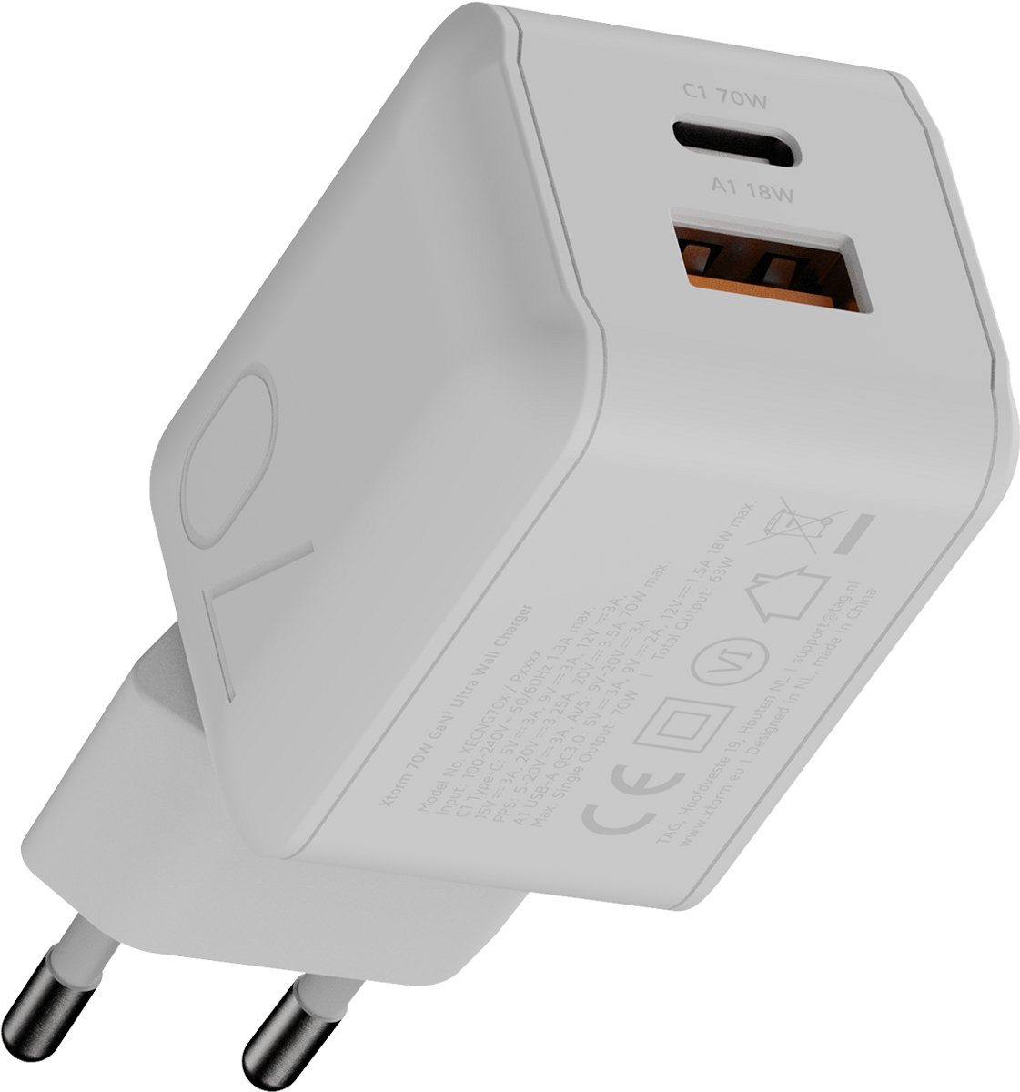 Xtorm USB-C Oplader 70W – USB-C Snellader – Laptop Oplader voor MacBook – Tablet & iPad Oplader – GaN³ – Wit