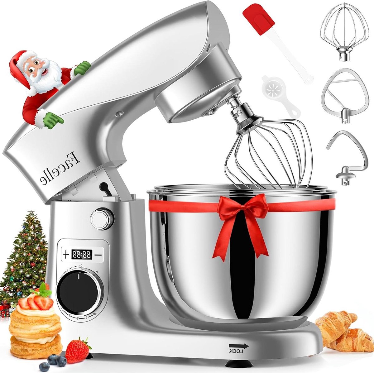 Keukenmachine - Deegmachine Mixer - Bakken Thuis - Krachtige 1500W Motor - 5.5L Kom - Zilver