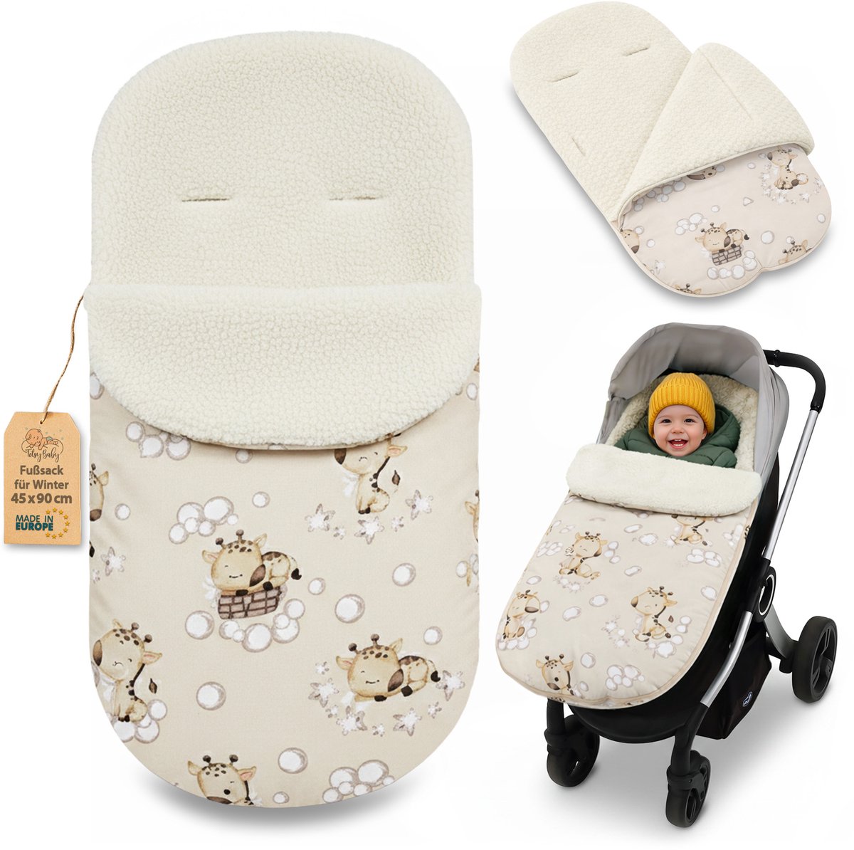 Voetenzak Kinderwagen en Buggy voor de Winter 90x45 cm - Winter Voetenzak Warme Inleg Omslagdeken Baby Accessoire warm Boucle Oeko-Tex certificaat Giraffen