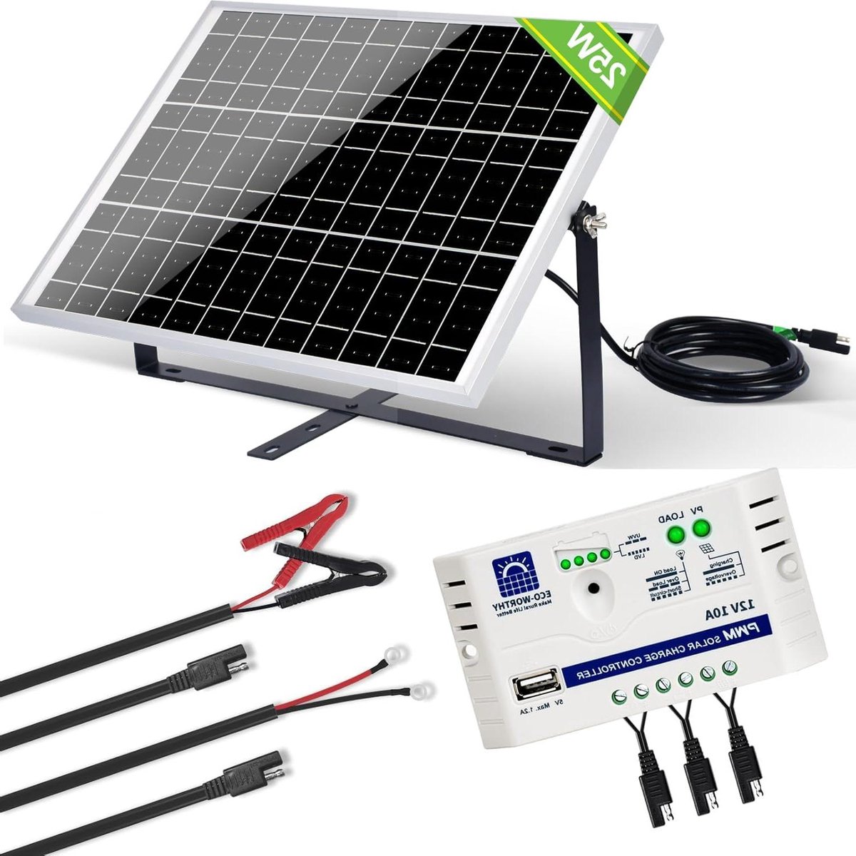 Zonnepaneel Kit - Acculader Set - Batterij Onderhoud - Verstelbare Houder - 25W 12V - Zwart